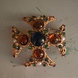 Albert Weiss Gold-Tone Multistone Cross Brooch with Navy Center